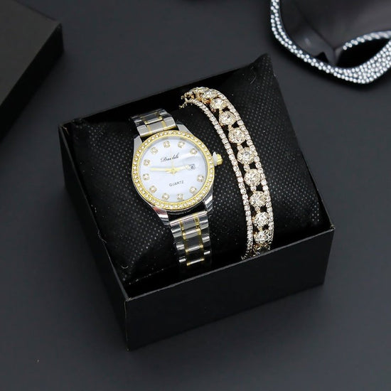 Women's Watch Affordable Luxury Fashion Diamond Foreign Trade Women's Watch Bracelet Student Watch Gift Suit $31.81 Dana Fashion Color: White Face Watch Women's Accessories Product information: Color: gold strap watch three-row drill bracelet box in black