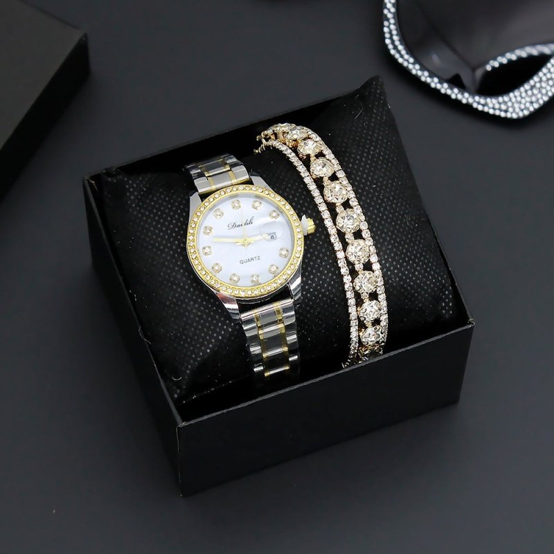 Women's Watch Affordable Luxury Fashion Diamond Foreign Trade Women's Watch Bracelet Student Watch Gift Suit $31.81 Dana Fashion Color: White Face Watch Women's Accessories Product information: Color: gold strap watch three-row drill bracelet box in black