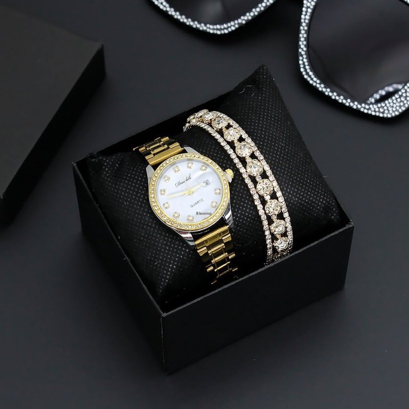 Women's Watch Affordable Luxury Fashion Diamond Foreign Trade Women's Watch Bracelet Student Watch Gift Suit $29.17 Dana Fashion Color: Black And Silver Band Watch Women's Accessories Product information: Color: gold strap watch three-row drill bracelet b