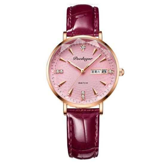 Women's Watch Double Calendar Quartz $39.00 Dana Fashion Color: Powder Belt Women's Accessories Product information: Display type: Pointer Applicable people: Female Style: Casual Movement type: Quartz Waterproof: Yes Watch-buttom material: Stainless steel