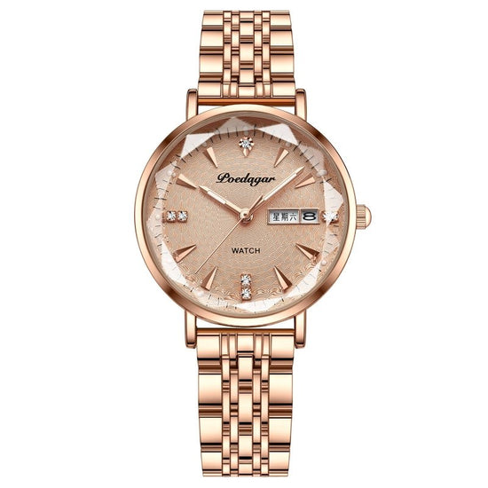 Women's Watch Double Calendar Quartz $39.00 Dana Fashion Color: Gold Surface Steel Strip Women's Accessories Product information: Display type: Pointer Applicable people: Female Style: Casual Movement type: Quartz Waterproof: Yes Watch-buttom material: St