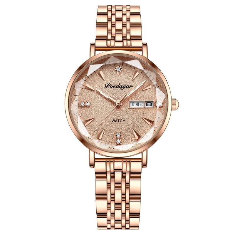 Women's Watch Double Calendar Quartz $39.00 Dana Fashion Color: Gold Surface Steel Strip Women's Accessories Product information: Display type: Pointer Applicable people: Female Style: Casual Movement type: Quartz Waterproof: Yes Watch-buttom material: St
