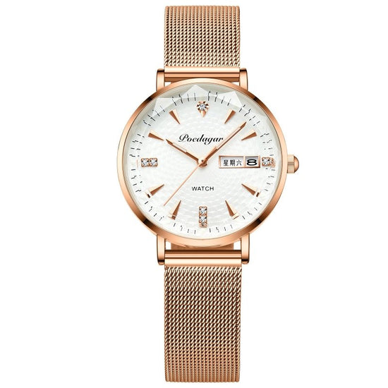 Women's Watch Double Calendar Quartz $39.00 Dana Fashion Color: White Mesh Belt Women's Accessories Product information: Display type: Pointer Applicable people: Female Style: Casual Movement type: Quartz Waterproof: Yes Watch-buttom material: Stainless s