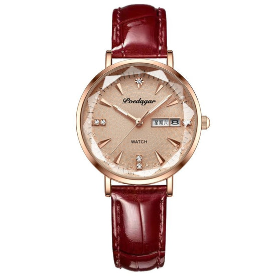 Women's Watch Double Calendar Quartz $39.00 Dana Fashion Color: Gold Surface Belt Women's Accessories Product information: Display type: Pointer Applicable people: Female Style: Casual Movement type: Quartz Waterproof: Yes Watch-buttom material: Stainless