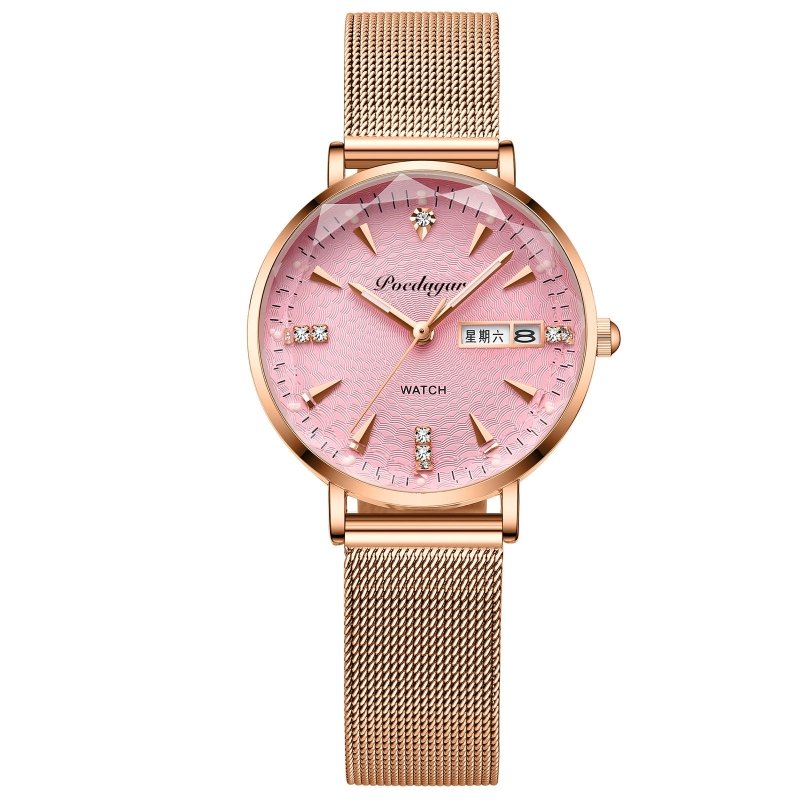 Women's Watch Double Calendar Quartz $39.00 Dana Fashion Color: Pink Mesh Belt Women's Accessories Product information: Display type: Pointer Applicable people: Female Style: Casual Movement type: Quartz Waterproof: Yes Watch-buttom material: Stainless st