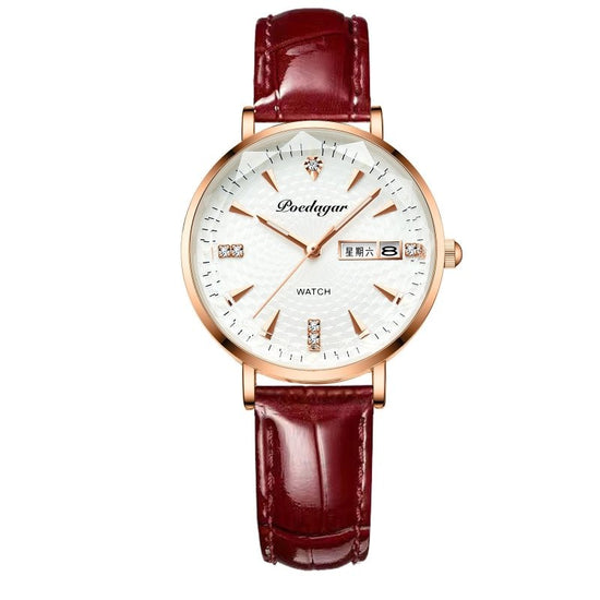 Women's Watch Double Calendar Quartz $39.00 Dana Fashion Color: White Surface Belt Women's Accessories Product information: Display type: Pointer Applicable people: Female Style: Casual Movement type: Quartz Waterproof: Yes Watch-buttom material: Stainles