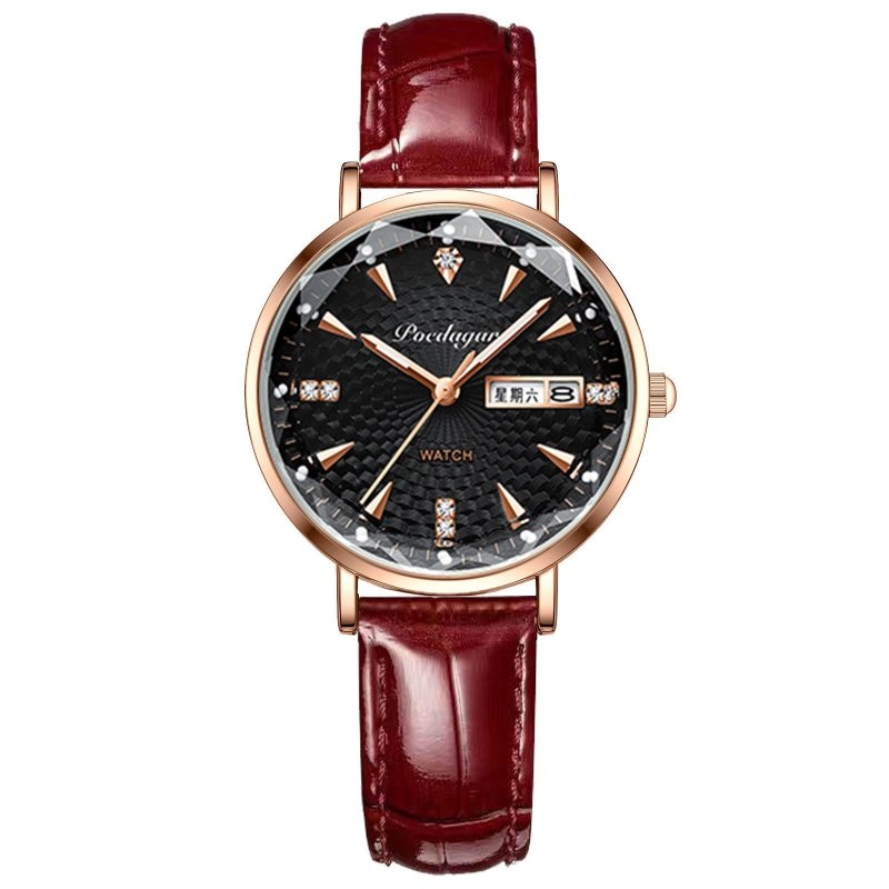 Women's Watch Double Calendar Quartz $39.00 Dana Fashion Color: Black Surface Belt Women's Accessories Product information: Display type: Pointer Applicable people: Female Style: Casual Movement type: Quartz Waterproof: Yes Watch-buttom material: Stainles