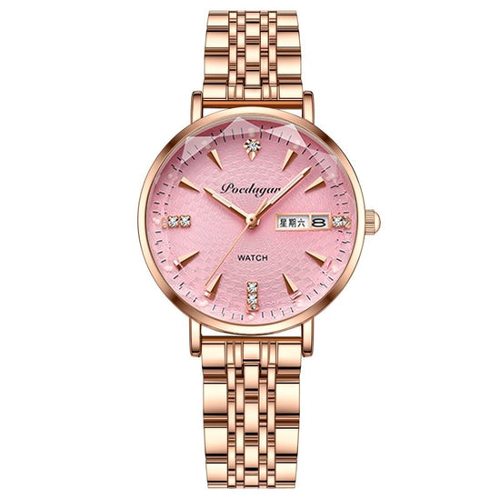 Women's Watch Double Calendar Quartz $39.00 Dana Fashion Color: Powder Steel Strip Women's Accessories Product information: Display type: Pointer Applicable people: Female Style: Casual Movement type: Quartz Waterproof: Yes Watch-buttom material: Stainles
