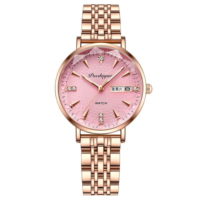 Women's Watch Double Calendar Quartz $39.00 Dana Fashion Color: Powder Steel Strip Women's Accessories Product information: Display type: Pointer Applicable people: Female Style: Casual Movement type: Quartz Waterproof: Yes Watch-buttom material: Stainles