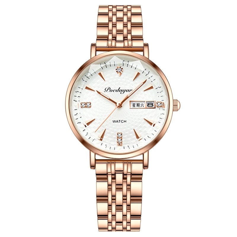 Women's Watch Double Calendar Quartz $39.00 Dana Fashion Color: White Surface Steel Strip Women's Accessories Product information: Display type: Pointer Applicable people: Female Style: Casual Movement type: Quartz Waterproof: Yes Watch-buttom material: S
