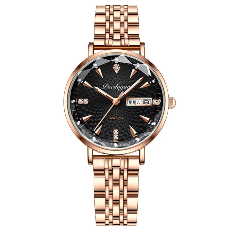 Women's Watch Double Calendar Quartz $39.00 Dana Fashion Color: Black Surface Steel Belt Women's Accessories Product information: Display type: Pointer Applicable people: Female Style: Casual Movement type: Quartz Waterproof: Yes Watch-buttom material: St