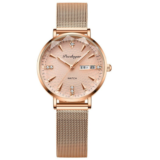 Women's Watch Double Calendar Quartz $39.00 Dana Fashion Color: Gold Mesh Belt Women's Accessories Product information: Display type: Pointer Applicable people: Female Style: Casual Movement type: Quartz Waterproof: Yes Watch-buttom material: Stainless st