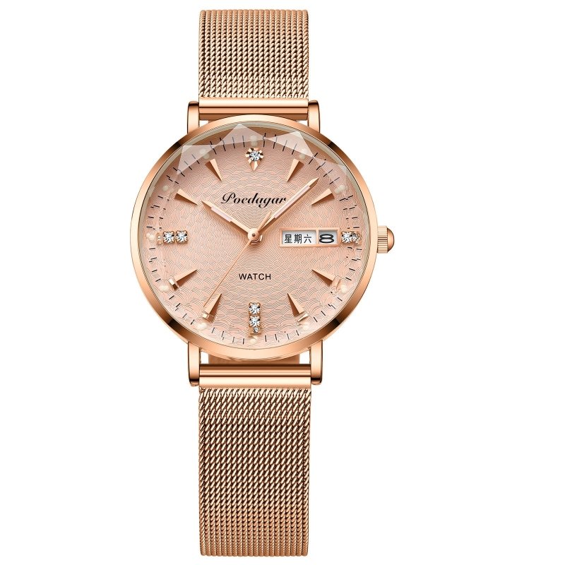 Women's Watch Double Calendar Quartz $39.00 Dana Fashion Color: Gold Mesh Belt Women's Accessories Product information: Display type: Pointer Applicable people: Female Style: Casual Movement type: Quartz Waterproof: Yes Watch-buttom material: Stainless st