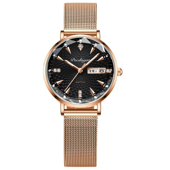 Women's Watch Double Calendar Quartz $39.00 Dana Fashion Color: Black Mesh Belt Women's Accessories Product information: Display type: Pointer Applicable people: Female Style: Casual Movement type: Quartz Waterproof: Yes Watch-buttom material: Stainless s