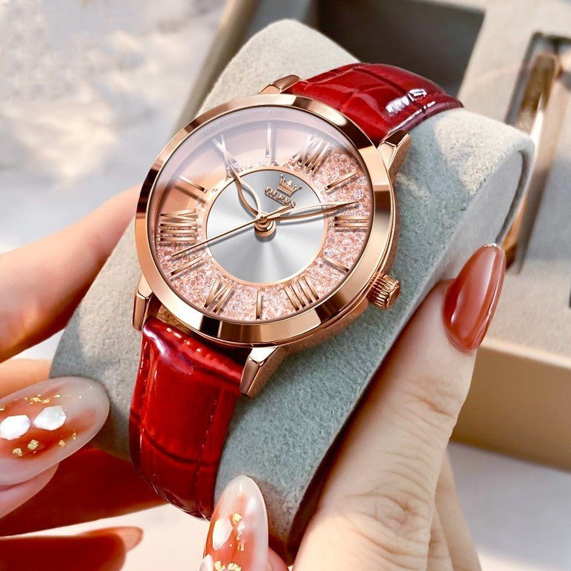 Women's Watch Trendy Student Hot $110.00 Dana Fashion Color: Red Leather Rose Gold Women's Accessories Product information: Color: wine red skin rose gold female, Le Rouge perfect rose gold female, white skin rose gold female, red skin rose gold female Mo