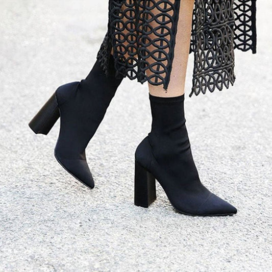 Wool stretch boots women thick heel sock boots ankle boots $65.99 Dana Fashion Color: ArmyGreen Size: 34 Women's shoes Upper material: microfiber Sole material: Europe and America Toe shape: pointed Heel shape: thick heel Heel height: high heel (6-8CM) Po