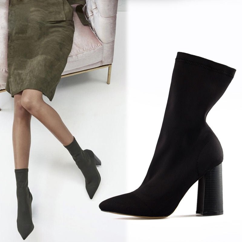 Wool stretch boots women thick heel sock boots ankle boots $65.99 Dana Fashion Color: ArmyGreen Size: 34 Women's shoes Upper material: microfiber Sole material: Europe and America Toe shape: pointed Heel shape: thick heel Heel height: high heel (6-8CM) Po