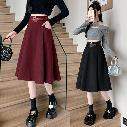 Woolen Skirt Mid-length High Waist Woolen Umbrella Skirt $49.50 Dana Fashion Color: Black Size: L Women's clothing Product information: Pattern: solid color Fabric name: Woolen Skirt type: umbrella skirt Color: black, brown, red Size: S,M,L,XL Style type: