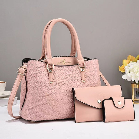 Woven Texture Three-piece Set Large Capacity One Shoulder Combination Bags $55.66 Dana Fashion Color: Pink Women's Bags Product information: Lining texture: polyester cotton Applicable scenarios: Daily matching Color: Black, coffee, khaki khaki, pink, blu