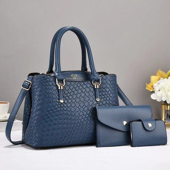 Woven Texture Three-piece Set Large Capacity One Shoulder Combination Bags $55.66 Dana Fashion Color: Blue Women's Bags Product information: Lining texture: polyester cotton Applicable scenarios: Daily matching Color: Black, coffee, khaki khaki, pink, blu