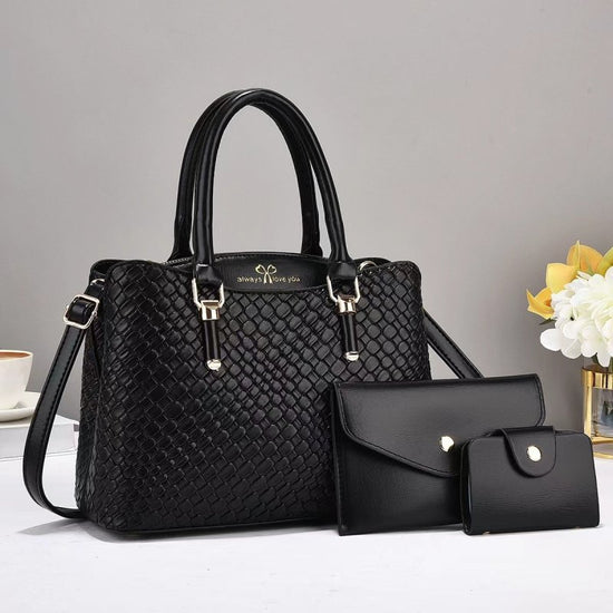 Woven Texture Three-piece Set Large Capacity One Shoulder Combination Bags $55.66 Dana Fashion Color: Black Women's Bags Product information: Lining texture: polyester cotton Applicable scenarios: Daily matching Color: Black, coffee, khaki khaki, pink, bl
