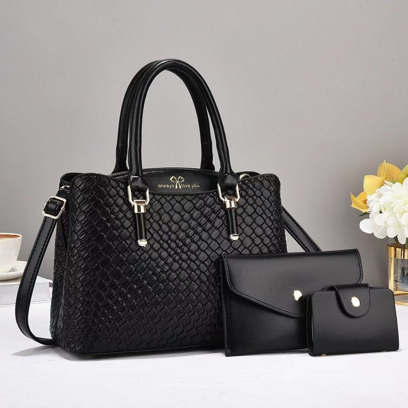 Woven Texture Three-piece Set Large Capacity One Shoulder Combination Bags $55.66 Dana Fashion Color: Black Women's Bags Product information: Lining texture: polyester cotton Applicable scenarios: Daily matching Color: Black, coffee, khaki khaki, pink, bl