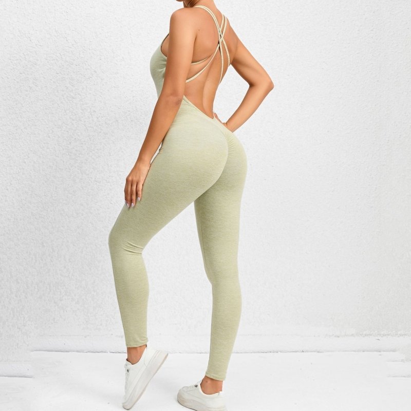 Yoga Jumpsuit With Cross-strap Back Design Quick-drying Tight-fitting Running Sports Fitness Pants Fashion Seamless Leggings For Womens Clothing $129.00 Dana Fashion Color: Grey Green Size: L Women's clothing Product information: Material: Polyester Style