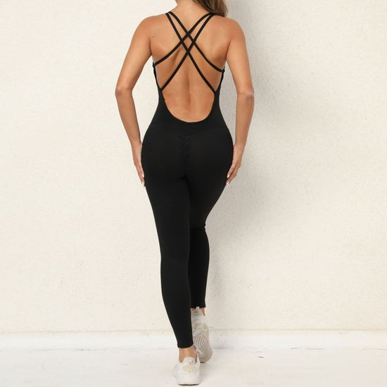 Yoga Jumpsuit With Cross-strap Back Design Quick-drying Tight-fitting Running Sports Fitness Pants Fashion Seamless Leggings For Womens Clothing $129.00 Dana Fashion Color: Black Size: L Women's clothing Product information: Material: Polyester Style:Fash