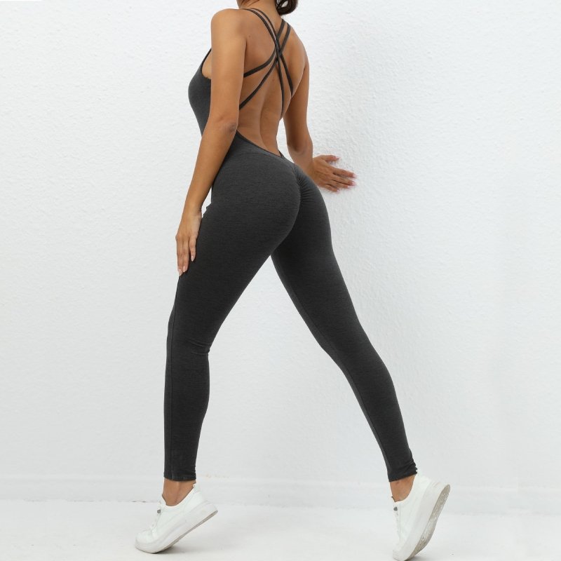 Yoga Jumpsuit With Cross-strap Back Design Quick-drying Tight-fitting Running Sports Fitness Pants Fashion Seamless Leggings For Womens Clothing $129.00 Dana Fashion Color: Charcoal Grey Size: L Women's clothing Product information: Material: Polyester St