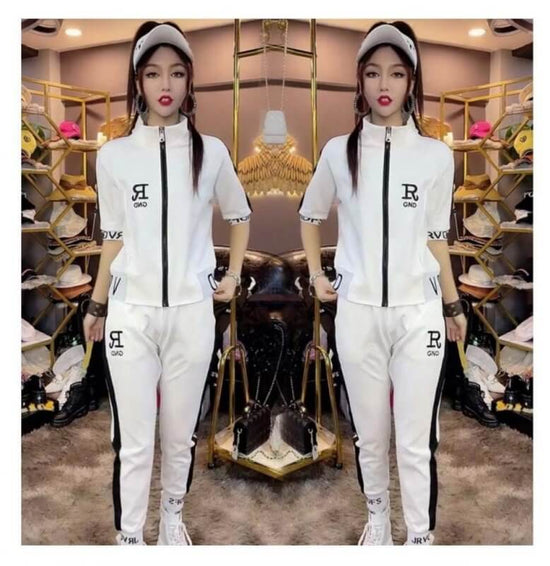 Zipper Coat Two-piece Set Women's Letter Stand Collar Clothes Suit $54.50 Dana Fashion Color: Black Suit size: 3XL Women's clothing Product information: Color: white suit, black suit Top sleeve length: short sleeve Size: M,L,XL,XXL,3XL,4XL Style type: tem