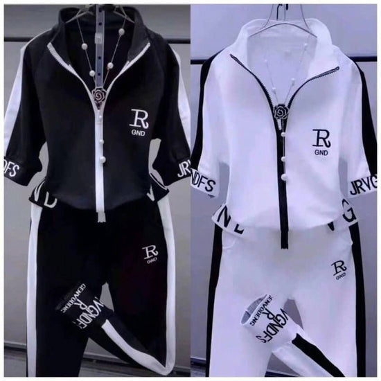 Zipper Coat Two-piece Set Women's Letter Stand Collar Clothes Suit $54.50 Dana Fashion Color: Black Suit size: 3XL Women's clothing Product information: Color: white suit, black suit Top sleeve length: short sleeve Size: M,L,XL,XXL,3XL,4XL Style type: tem