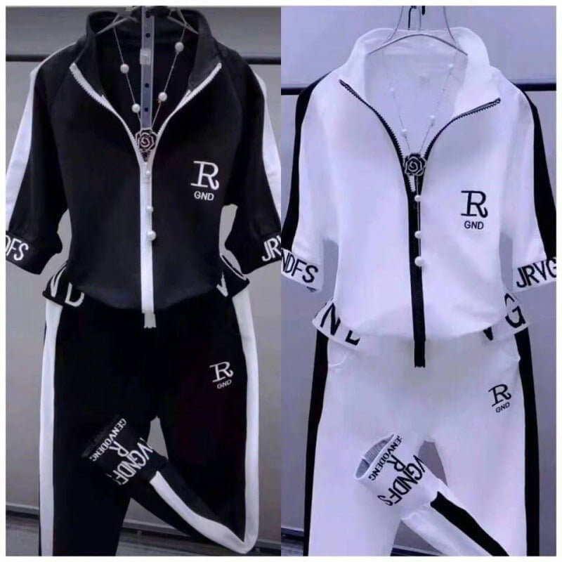 Zipper Coat Two-piece Set Women's Letter Stand Collar Clothes Suit $54.50 Dana Fashion Color: Black Suit size: 3XL Women's clothing Product information: Color: white suit, black suit Top sleeve length: short sleeve Size: M,L,XL,XXL,3XL,4XL Style type: tem