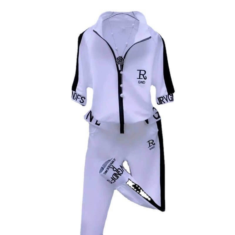 Zipper Coat Two-piece Set Women's Letter Stand Collar Clothes Suit $54.50 Dana Fashion Color: White Suit size: 3XL Women's clothing Product information: Color: white suit, black suit Top sleeve length: short sleeve Size: M,L,XL,XXL,3XL,4XL Style type: tem