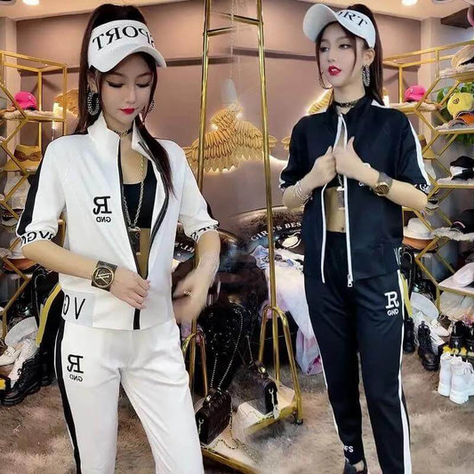 Zipper Coat Two-piece Set Women's Letter Stand Collar Clothes Suit $54.50 Dana Fashion Color: Black Suit size: 3XL Women's clothing Product information: Color: white suit, black suit Top sleeve length: short sleeve Size: M,L,XL,XXL,3XL,4XL Style type: tem