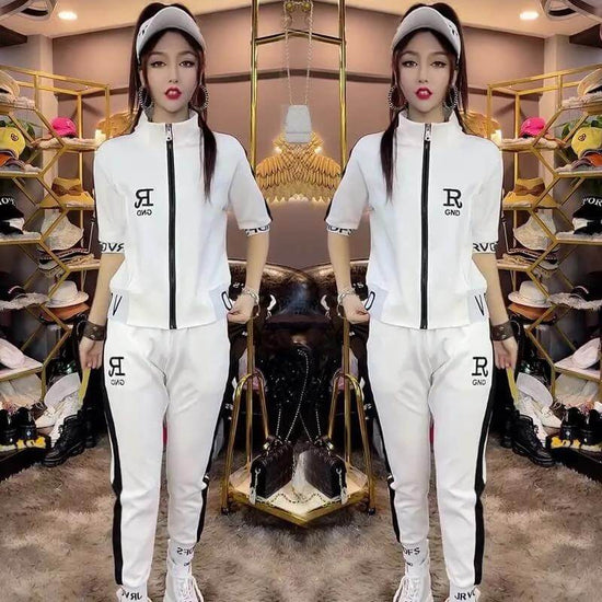 Zipper Coat Two-piece Set Women's Letter Stand Collar Clothes Suit $54.50 Dana Fashion Color: Black Suit size: 3XL Women's clothing Product information: Color: white suit, black suit Top sleeve length: short sleeve Size: M,L,XL,XXL,3XL,4XL Style type: tem