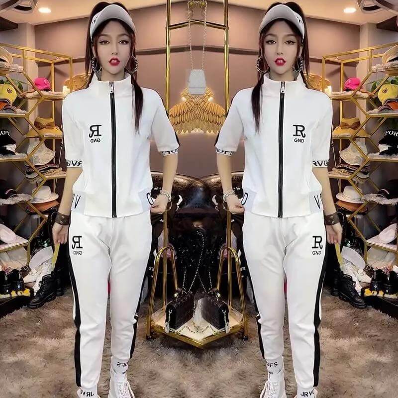 Zipper Coat Two-piece Set Women's Letter Stand Collar Clothes Suit $54.50 Dana Fashion Color: Black Suit size: 3XL Women's clothing Product information: Color: white suit, black suit Top sleeve length: short sleeve Size: M,L,XL,XXL,3XL,4XL Style type: tem