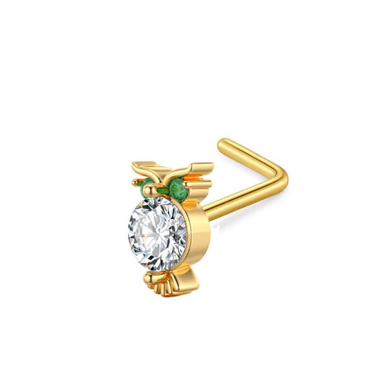 Zircon Nose Stud Ear Studs Piercing Jewelry $9.50 Dana Fashion Color: Owl Specifications: L Rod Gold Women's Accessories Product information: Type: head stud Treatment Process: Electroplating Color: Beetle, Peach heart, three zircon, leaf, butterfly, flow