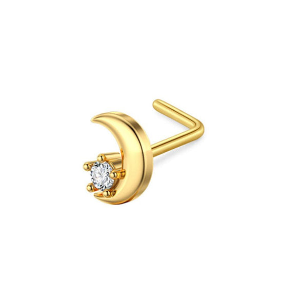 Zircon Nose Stud Ear Studs Piercing Jewelry $9.50 Dana Fashion Color: Moon Inlaid Zircon Specifications: L Rod Gold Women's Accessories Product information: Type: head stud Treatment Process: Electroplating Color: Beetle, Peach heart, three zircon, leaf,