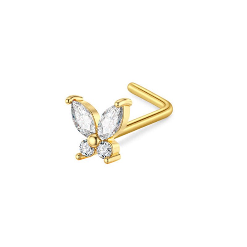 Zircon Nose Stud Ear Studs Piercing Jewelry $9.50 Dana Fashion Color: Butterfly Specifications: L Rod Gold Women's Accessories Product information: Type: head stud Treatment Process: Electroplating Color: Beetle, Peach heart, three zircon, leaf, butterfly
