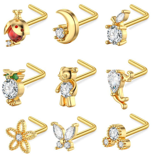 Zircon Nose Stud Ear Studs Piercing Jewelry $9.50 Dana Fashion Color: Beetle Specifications: L Rod Gold Women's Accessories Product information: Type: head stud Treatment Process: Electroplating Color: Beetle, Peach heart, three zircon, leaf, butterfly, f